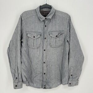 Prana Mens Medium Organic Cotton Hemp Button Up Shirt Blue Striped Long Sleeve